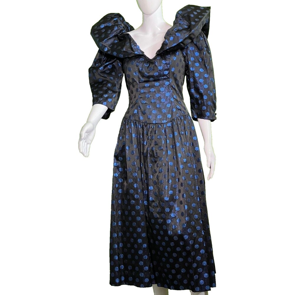 Blair Woolverton Women's Dress Size 10 Puff Sleeves Black w/ Blue Polka Dot